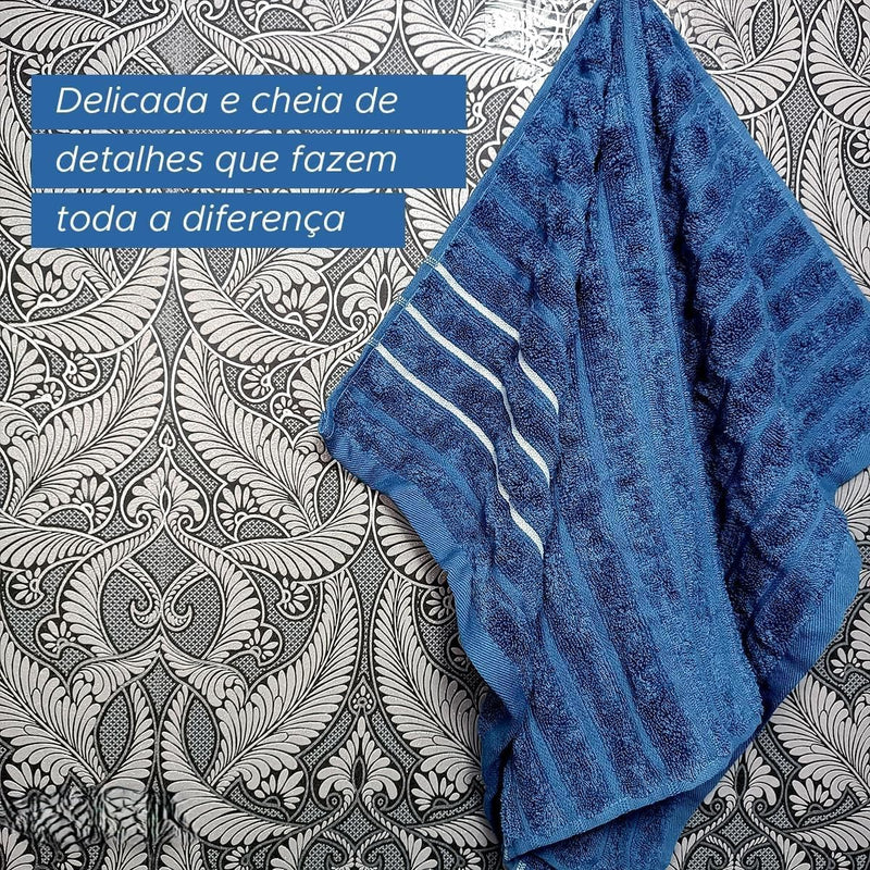 Toalha de Banho Wave em Jacquard 100% Algodão - 70cm x 1,40m - Alta Absorção, Macia e Volumosa, Pré-Lavada e Pré-Encolhida, Gramatura 450g/m², Acabamento de Luxo com Barrado Bordado (Azul)